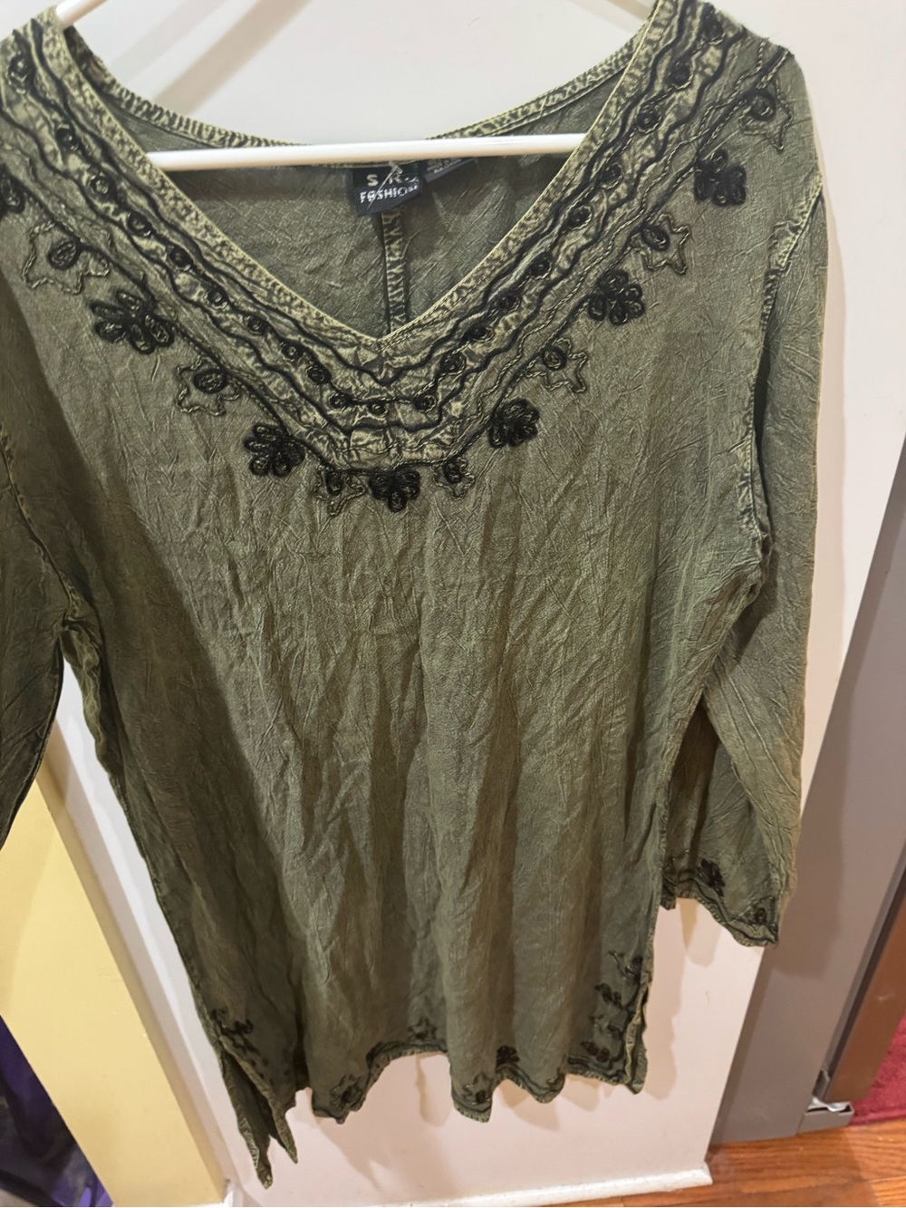 Olive Green Embroidered V-Neck Women's Top/Tunic